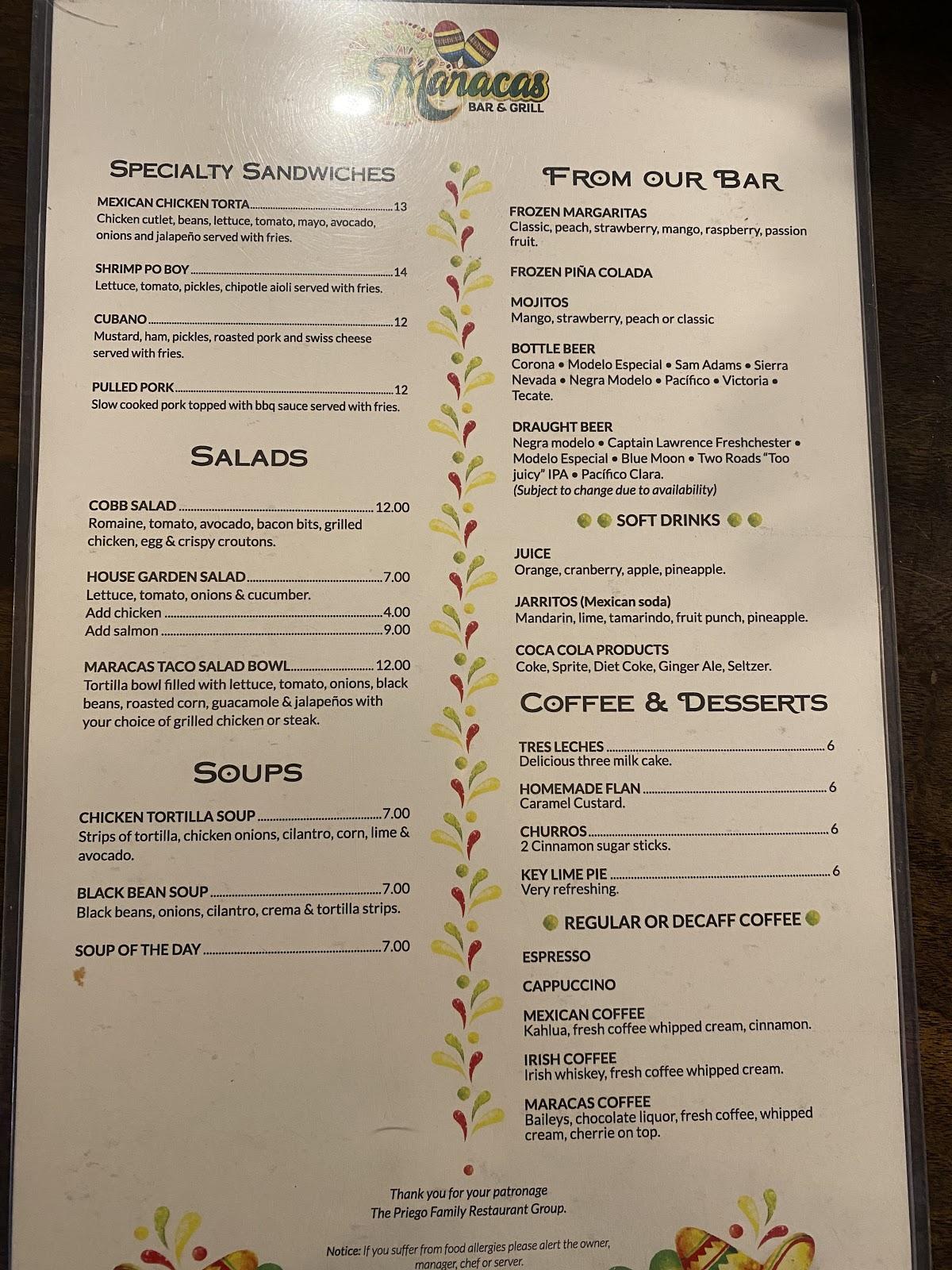 Menu at Maracas Bar & Grill, Ossining