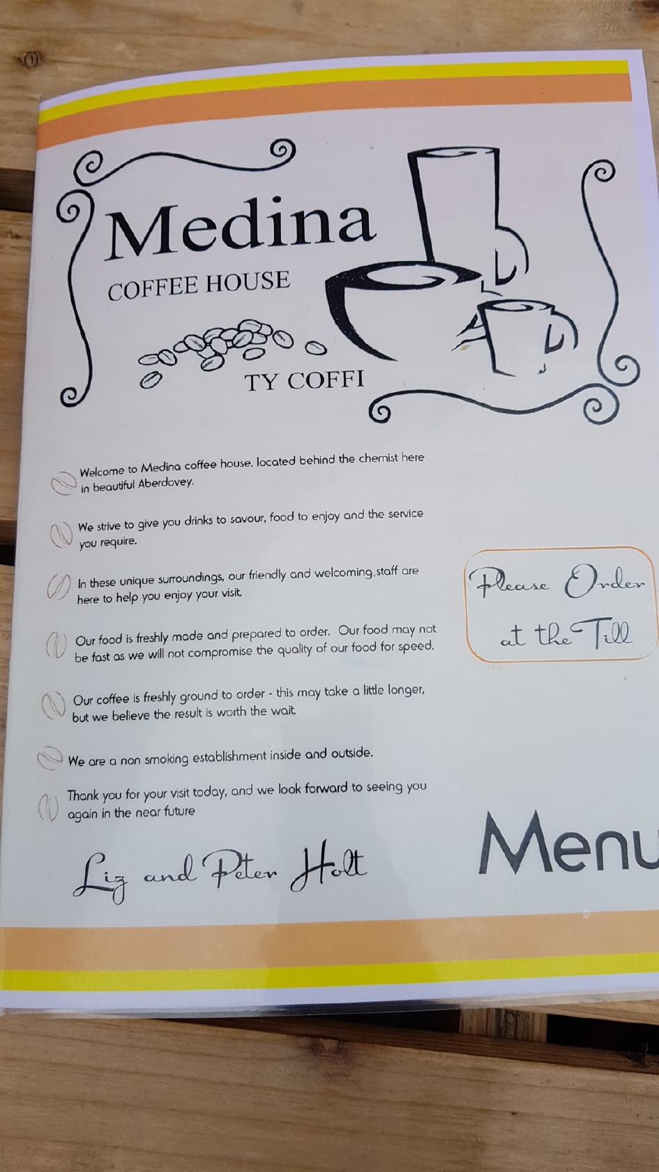 Menu at Medina Coffee House, Aberdyfi