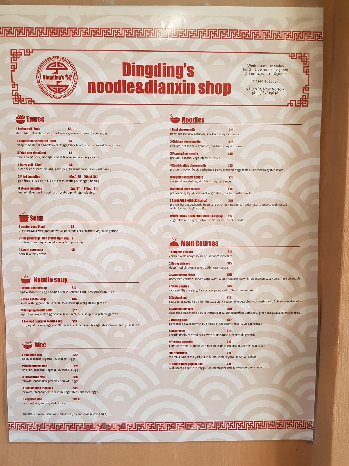 Menu At Dingdings Noodle And Dianxin Shop Restaurant New Norfolk