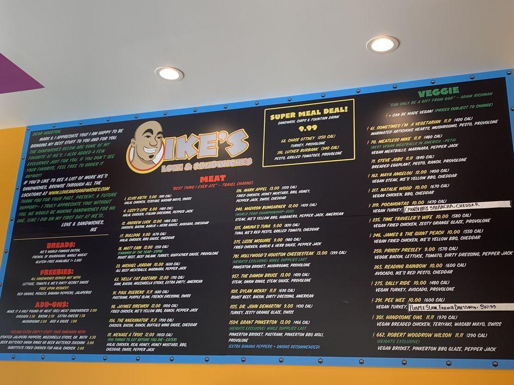 Menu at Ike's Love & Sandwiches restaurant, Houston, Heights Blvd