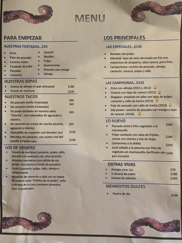 Menu at Sabina Restaurante por La Guerrerense, Ensenada