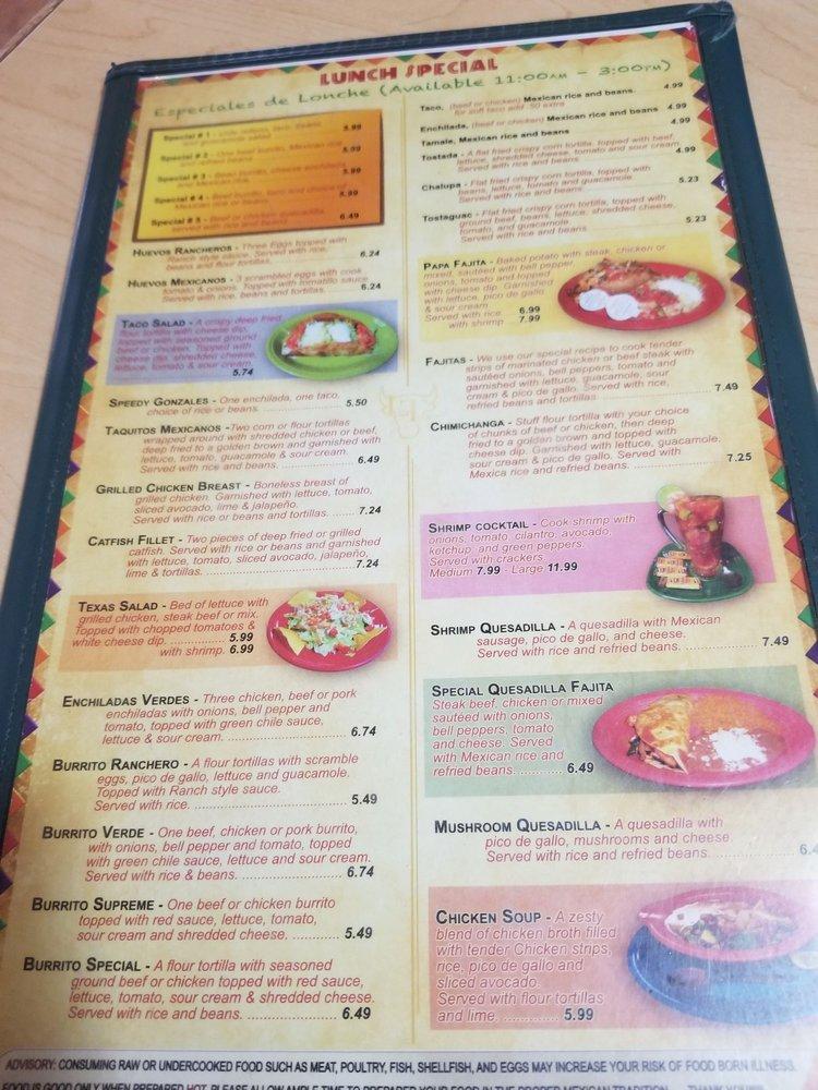 Menu at Los Toros restaurant, Guntown, MS145