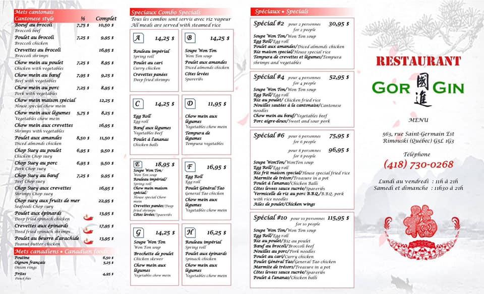 Menu au Restaurant Rimouski, 563 Rue St Germain