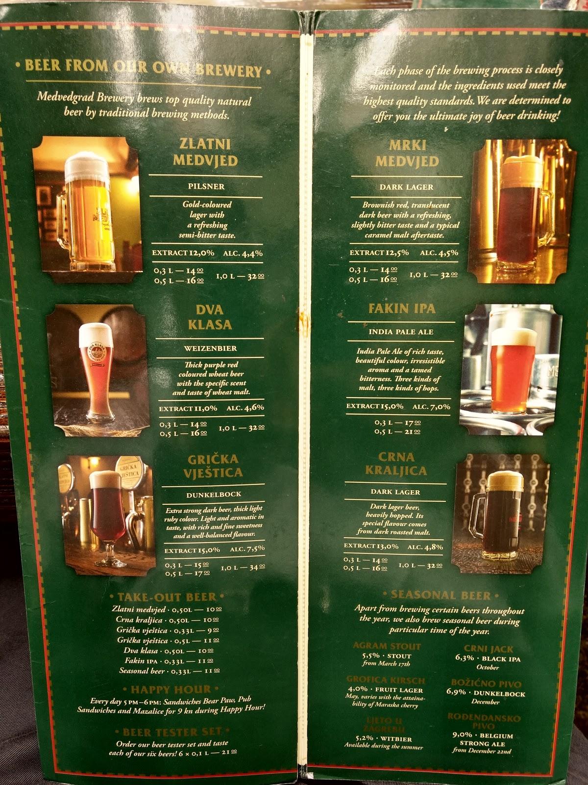 Menu at Pivnica Medvedgrad Ilica pub & bar, Zagreb, Ilica 49