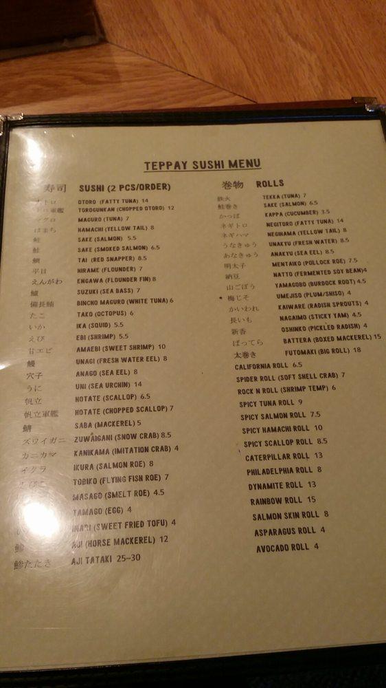 Menu at Teppay restaurant, Houston