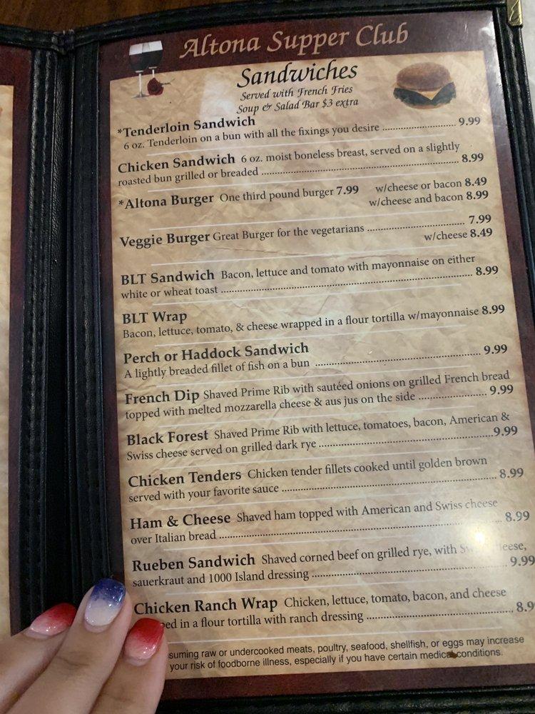 Menu at Altona Supper Club, New Holstein