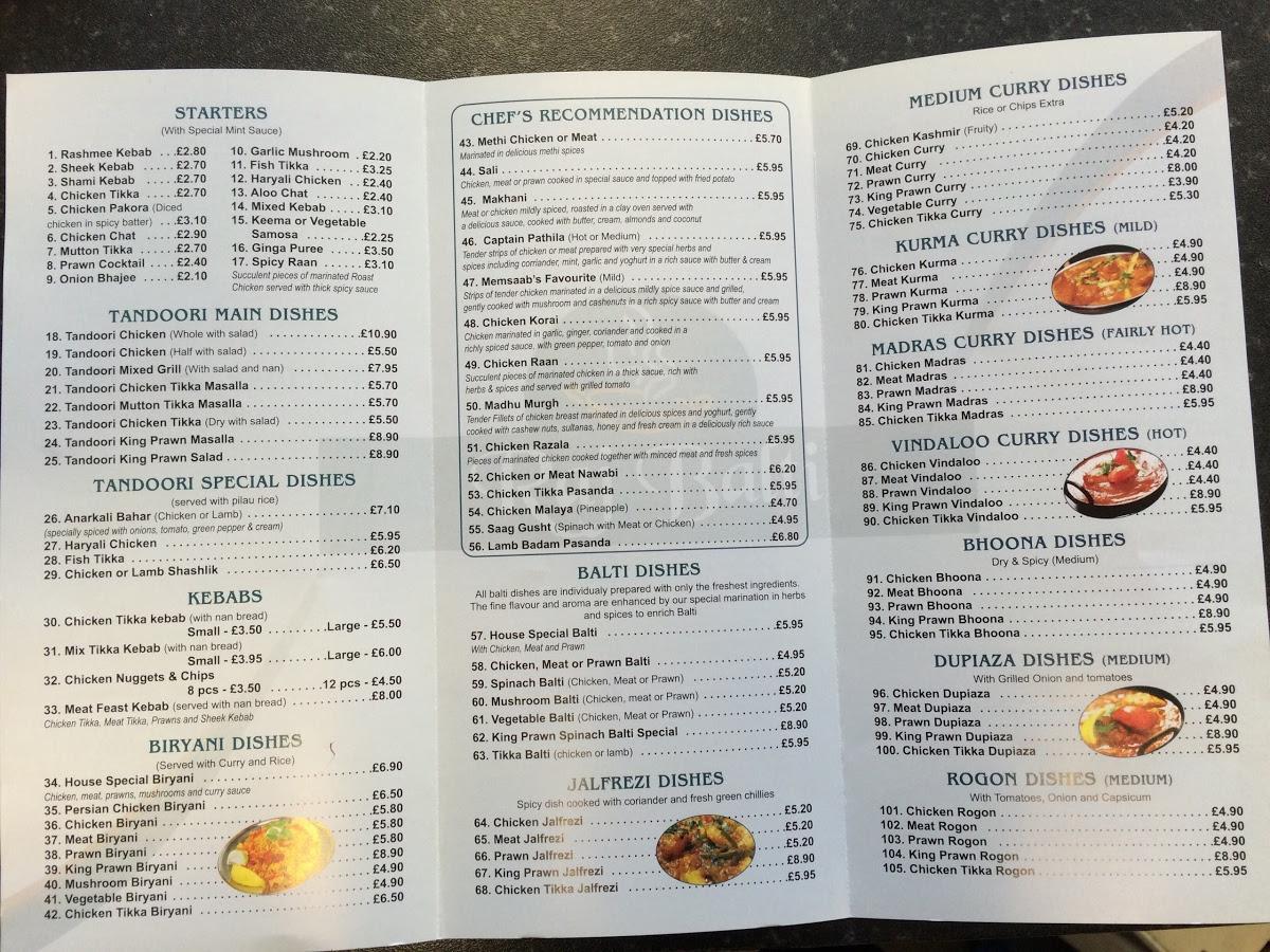 Menu at Raj Balti restaurant, Porth