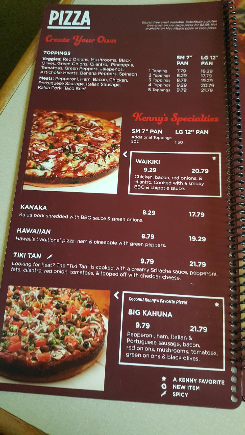 Menu at Coconut Kenny's pizzeria, Bellingham, James St