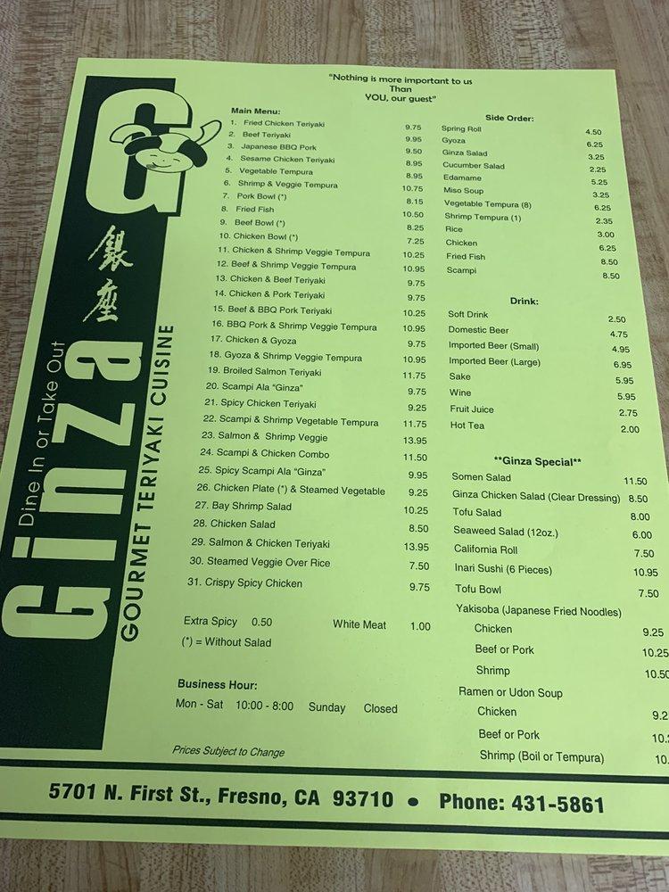Menu at Ginza Gourmet Teriyaki House restaurant, Fresno