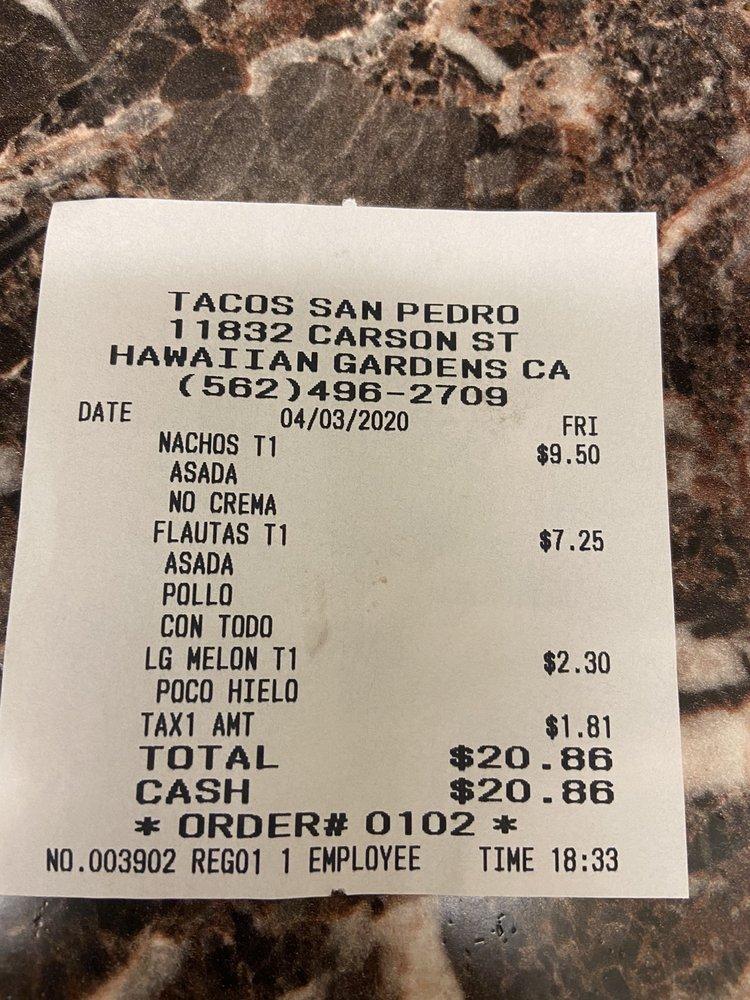 Menu at Tacos San Pedro restaurant, Hawaiian Gardens