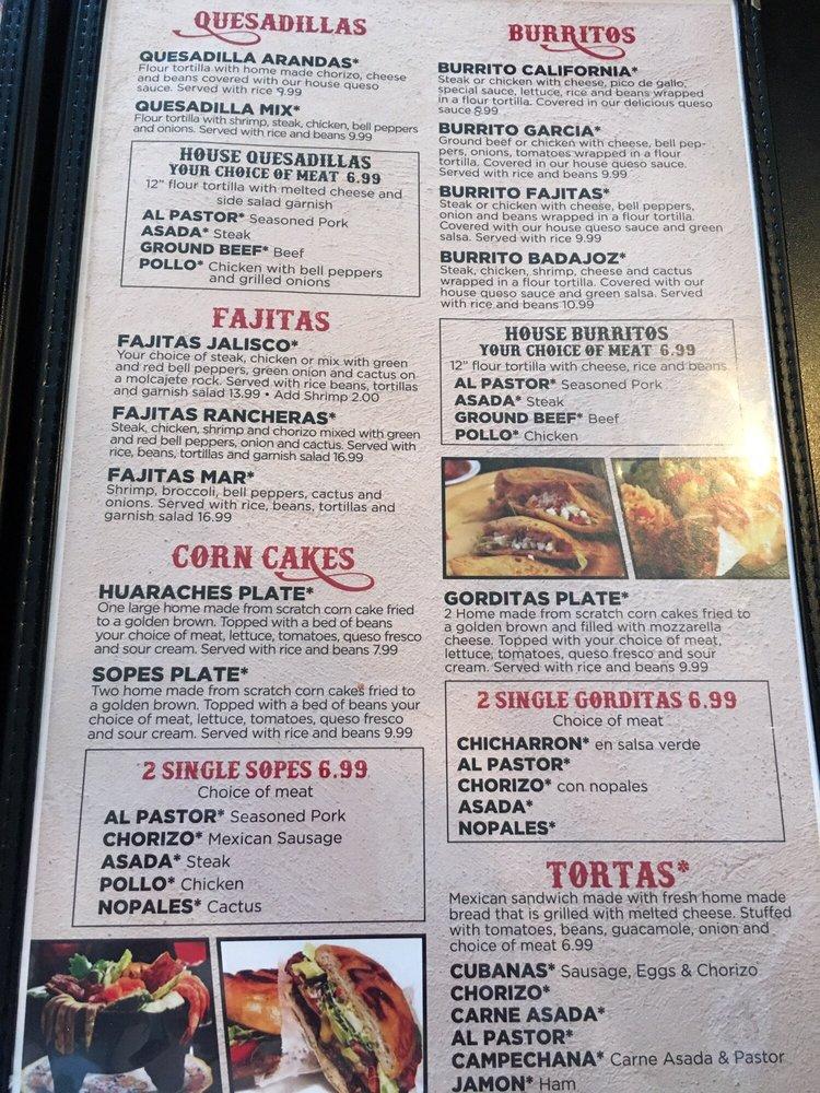 Menu at Arandas Tacos restaurant, Branson