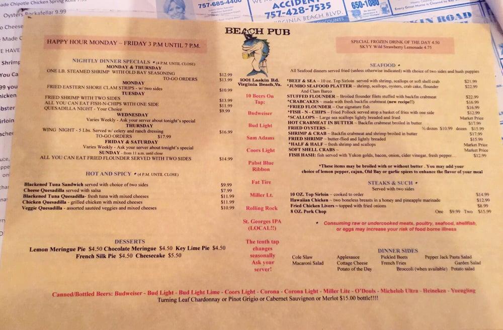 Menu at Beach Pub, Virginia Beach, Laskin Rd