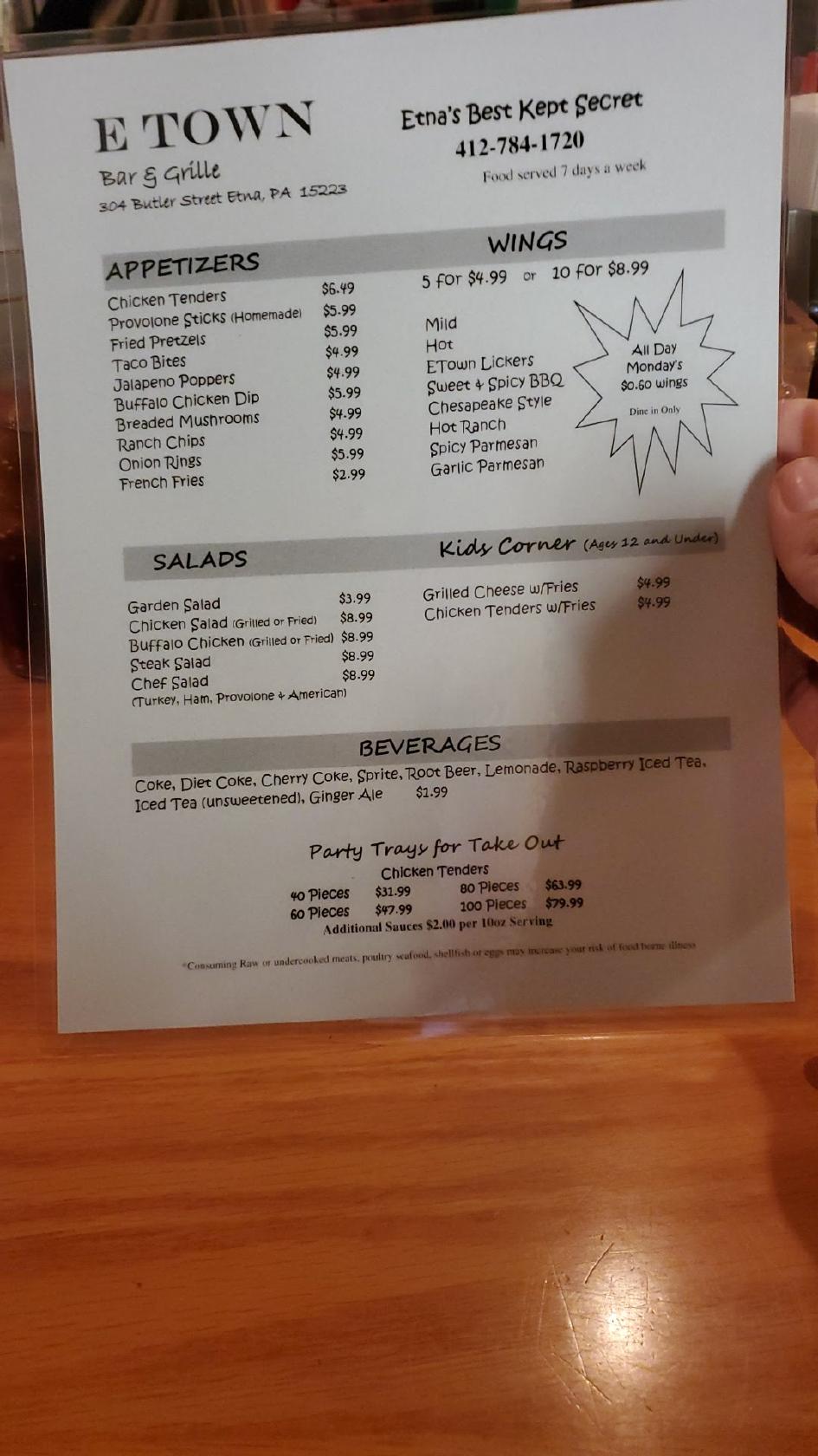 Menu at E Town Bar & Grill, Pittsburgh