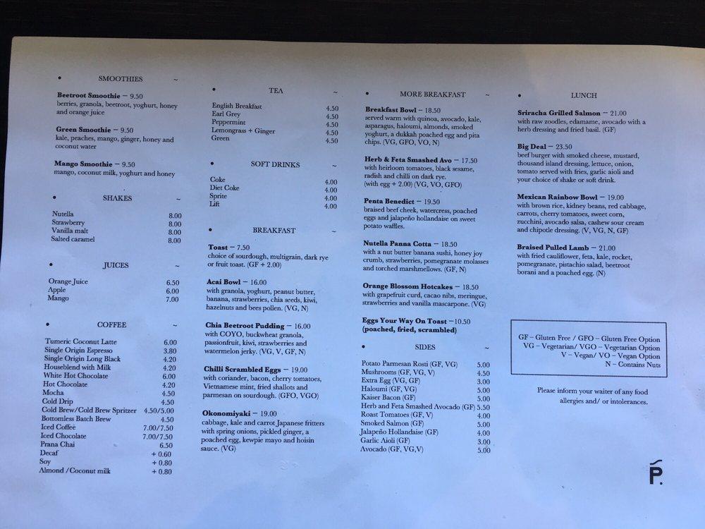 Menu at Penta Elsternwick cafe, Elsternwick