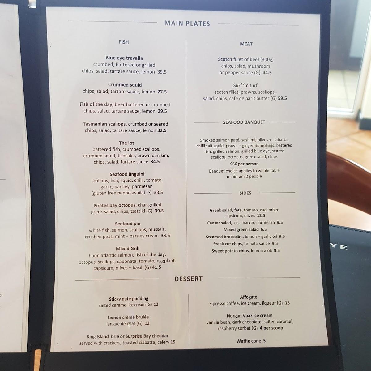 Menu at Blue Eye Seafood Restaurant, Hobart
