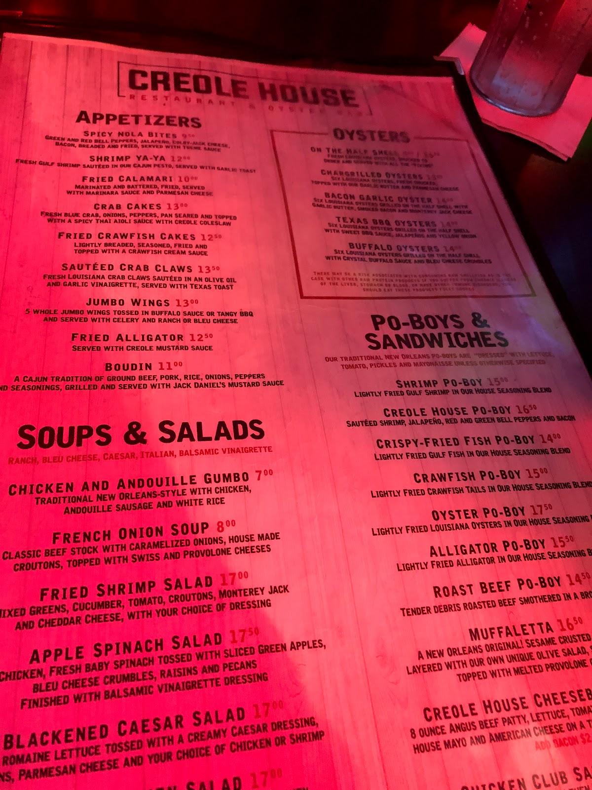 Menu At Creole House Restaurant & Oyster Bar, New Orleans