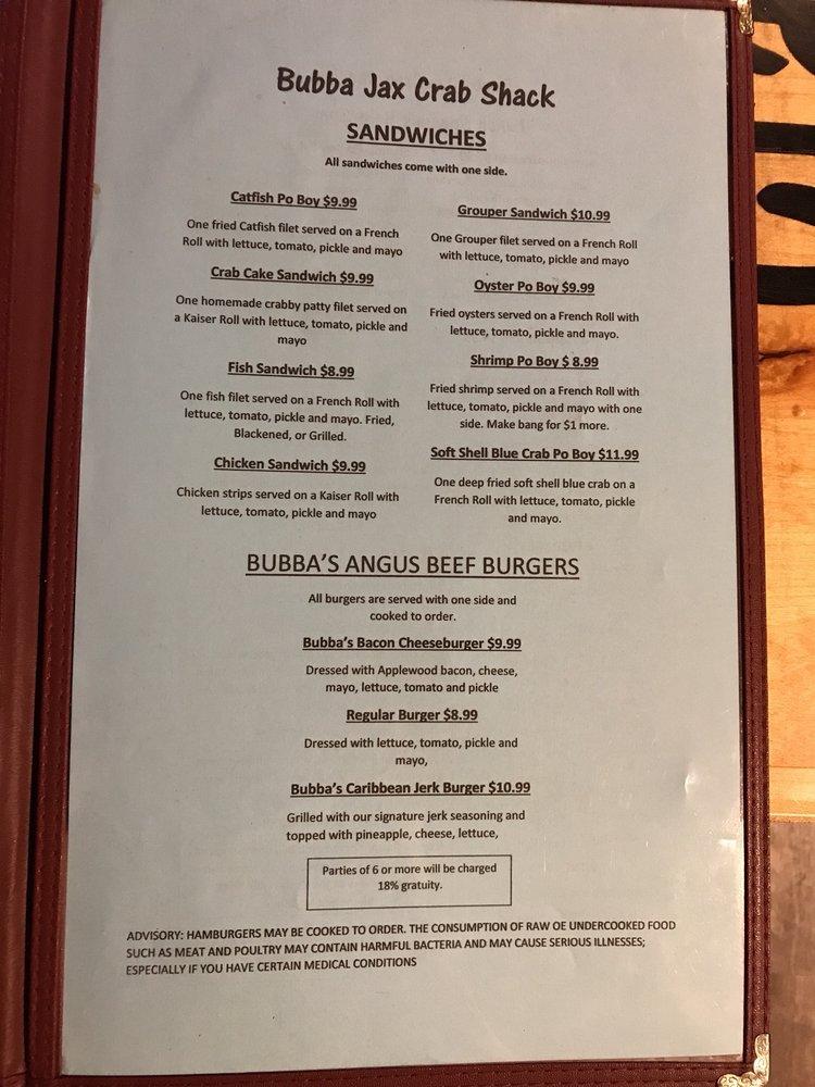 Menu at Bubba Jax Crab Shack restaurant, Valdosta