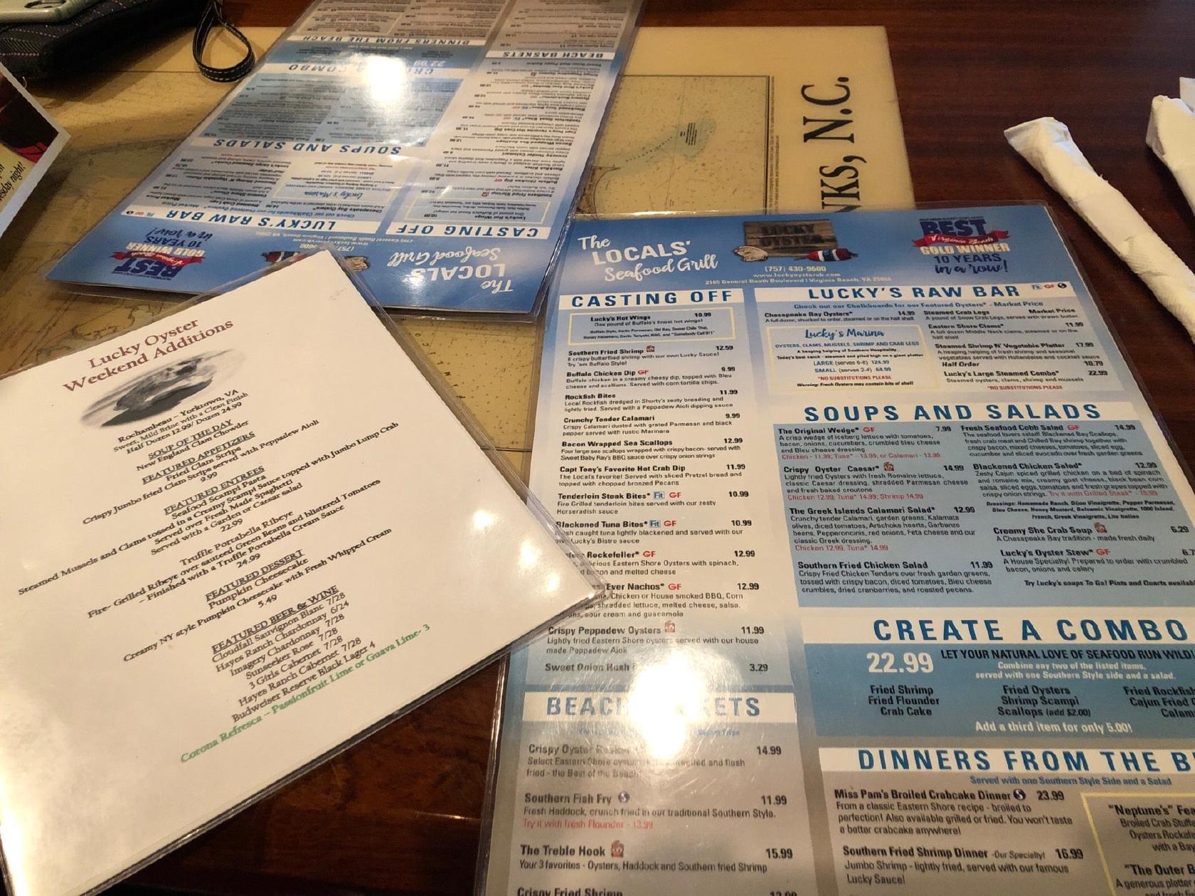 Menu at Lucky Oyster Seafood Company restaurant, Virginia Beach