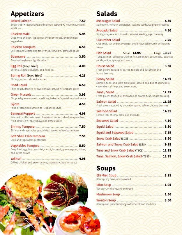 Menu at Samurai Sushi Bar Two, Broussard