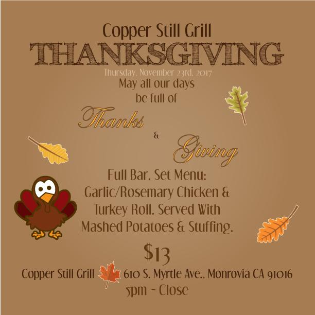 Menu at Copper Still Grill pub & bar, Monrovia