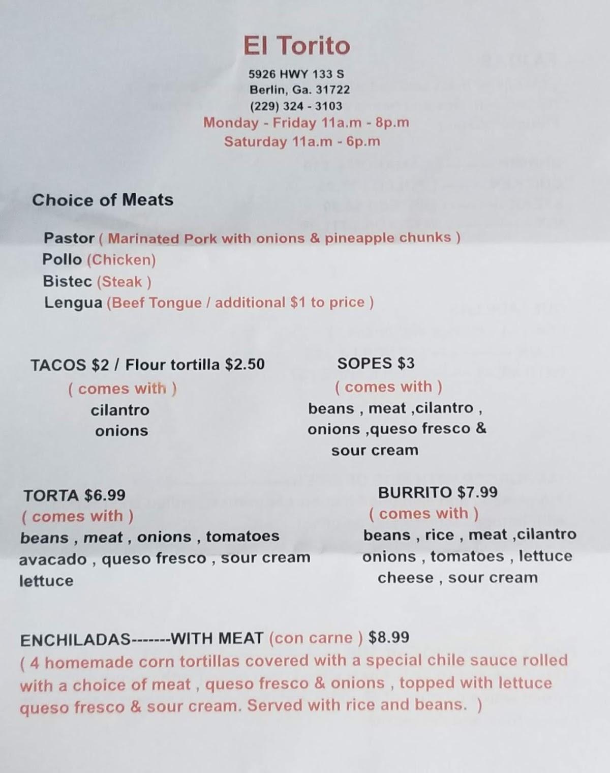 Menu at El Torito restaurant, Berlin