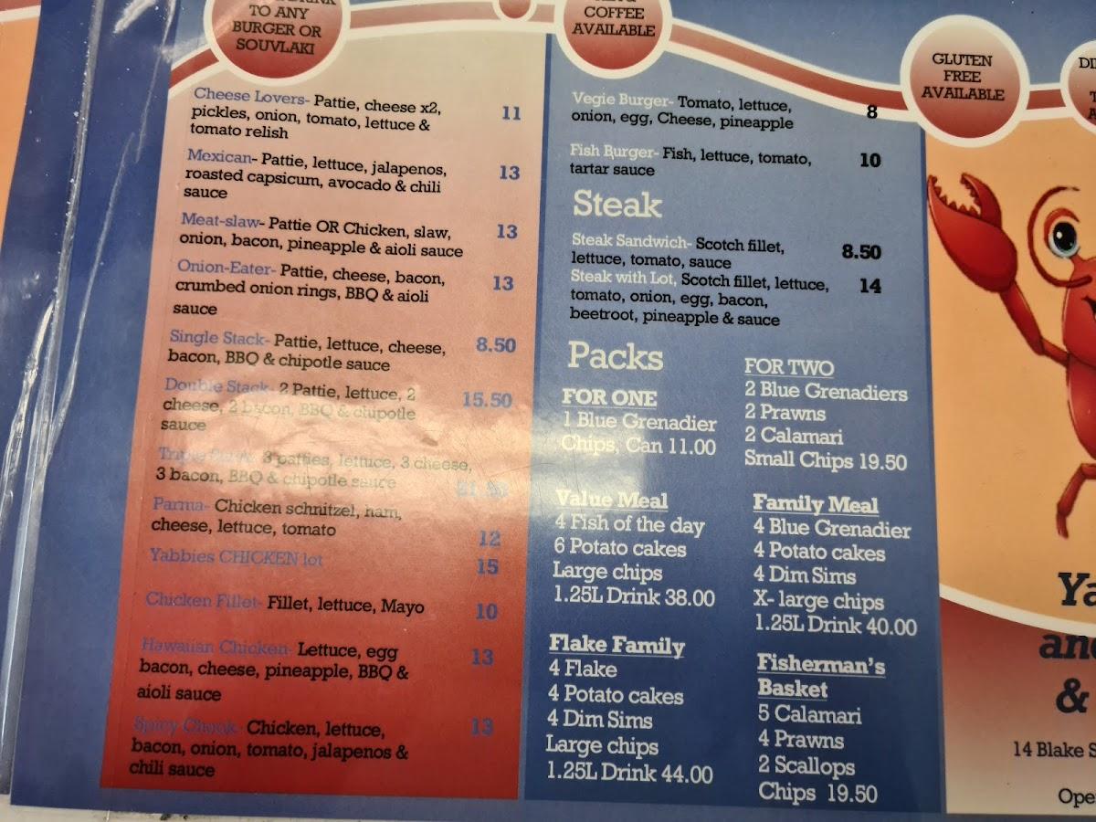Menu at Yabbies Fish & Chips & burger bar, Mornington