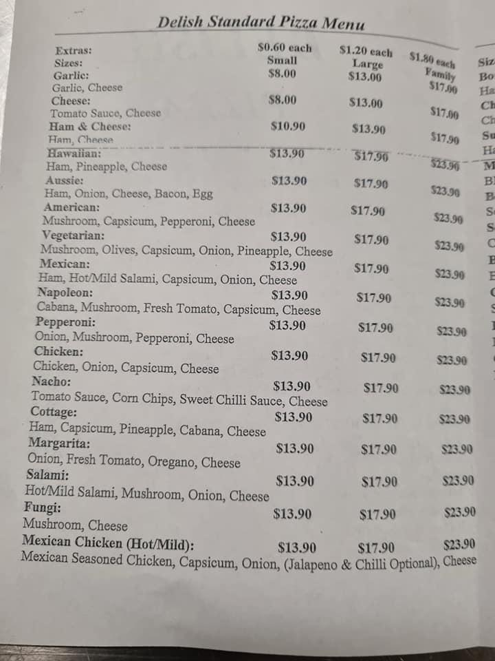 Menu at Delish Pizzeria, Queenstown