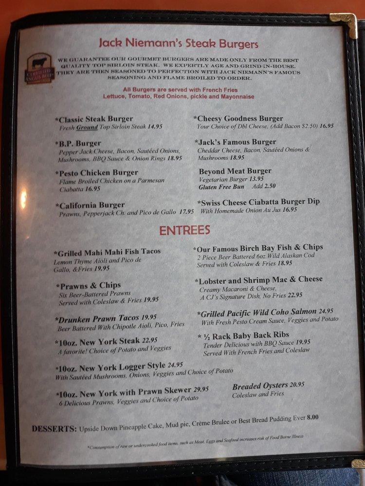 Menu at CJ's Beach House restaurant, Birch Bay