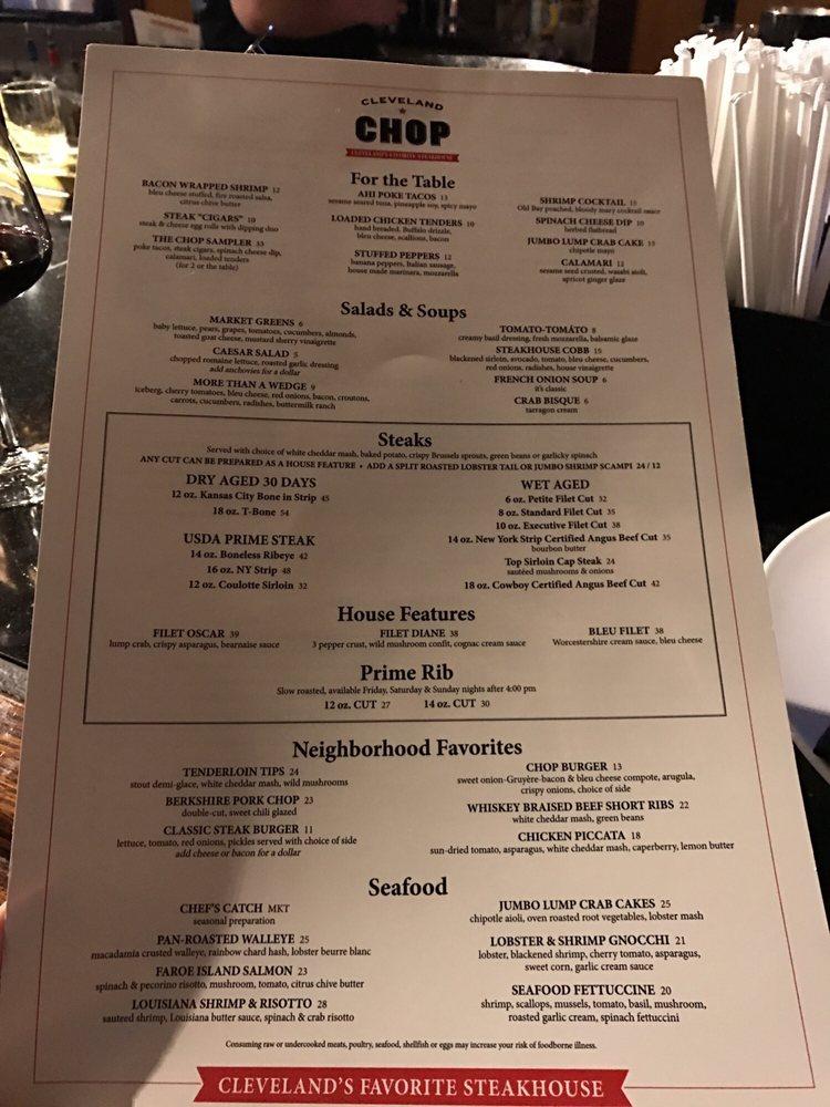 Menu at Cleveland Chop steakhouse, Cleveland