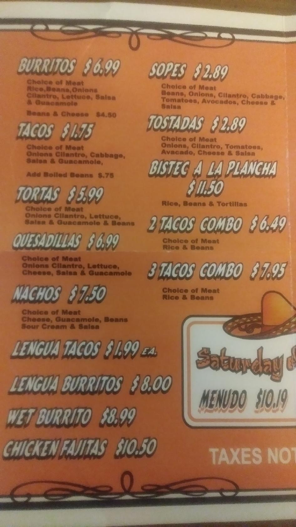 Menu at Carniceria y Taqueria Karlitas restaurant, Clovis