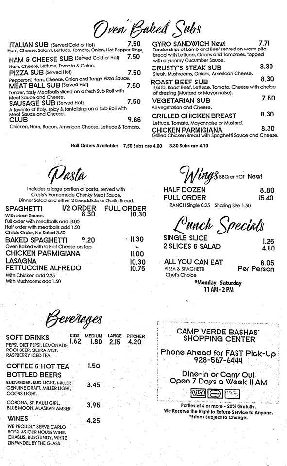 Menu at Crusty's Pizza pizzeria, Camp Verde