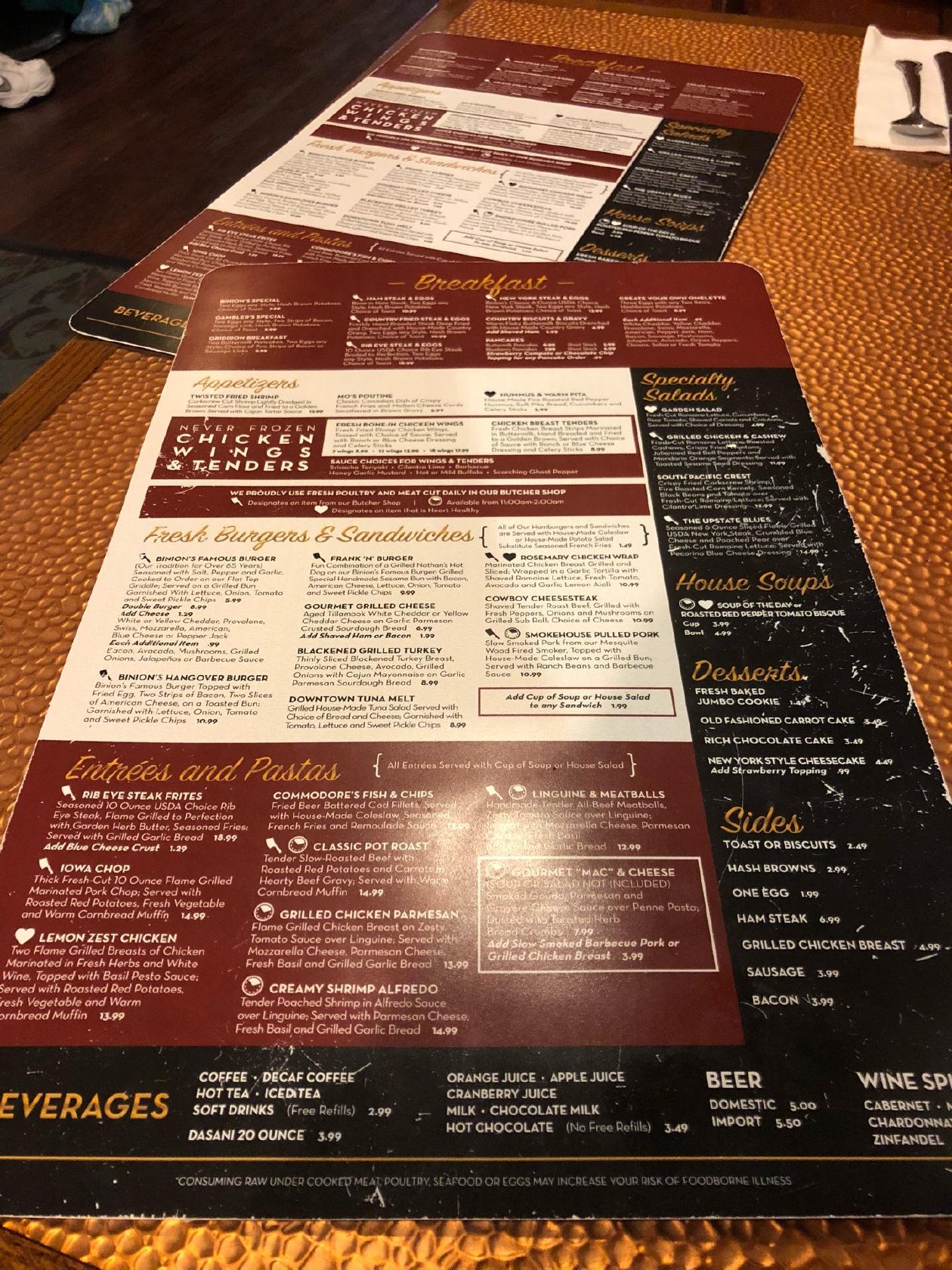 Menu at Top Of Binion's Steakhouse, Las Vegas