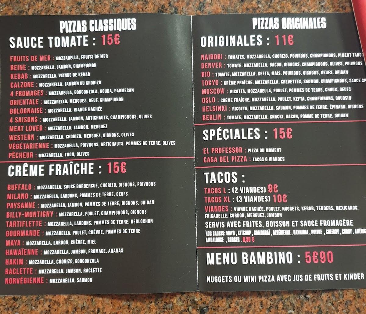 Menu at Casa Del Pizza restaurant, Billy-Montigny