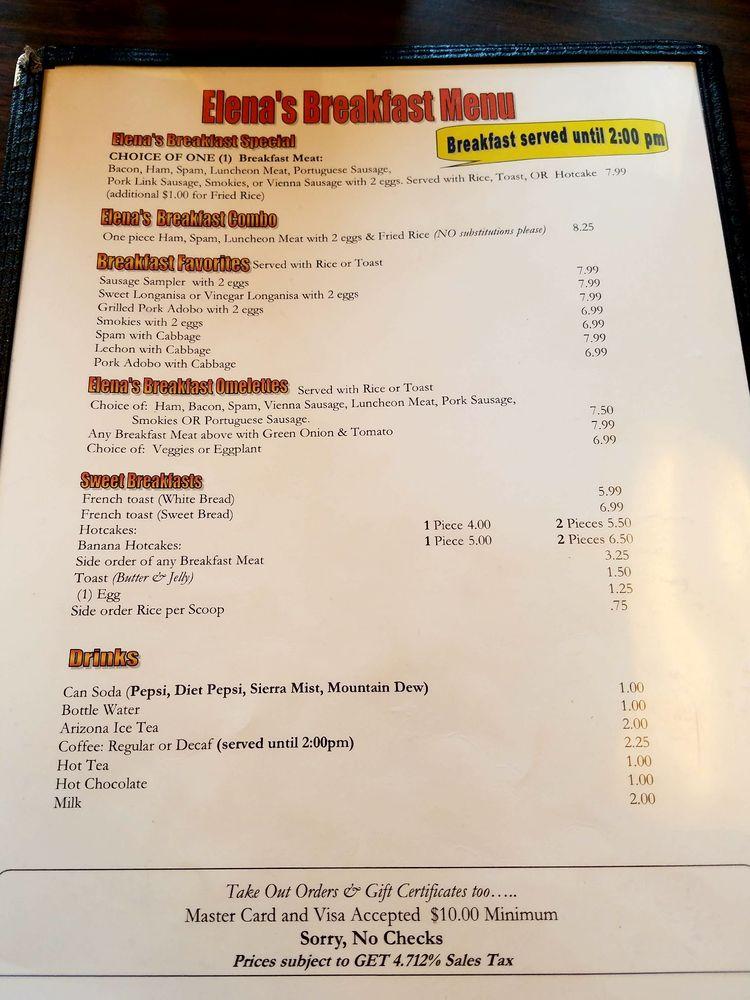 Menu at Elena's Restaurant, Waipahu, Tropicana Square Shopping Center