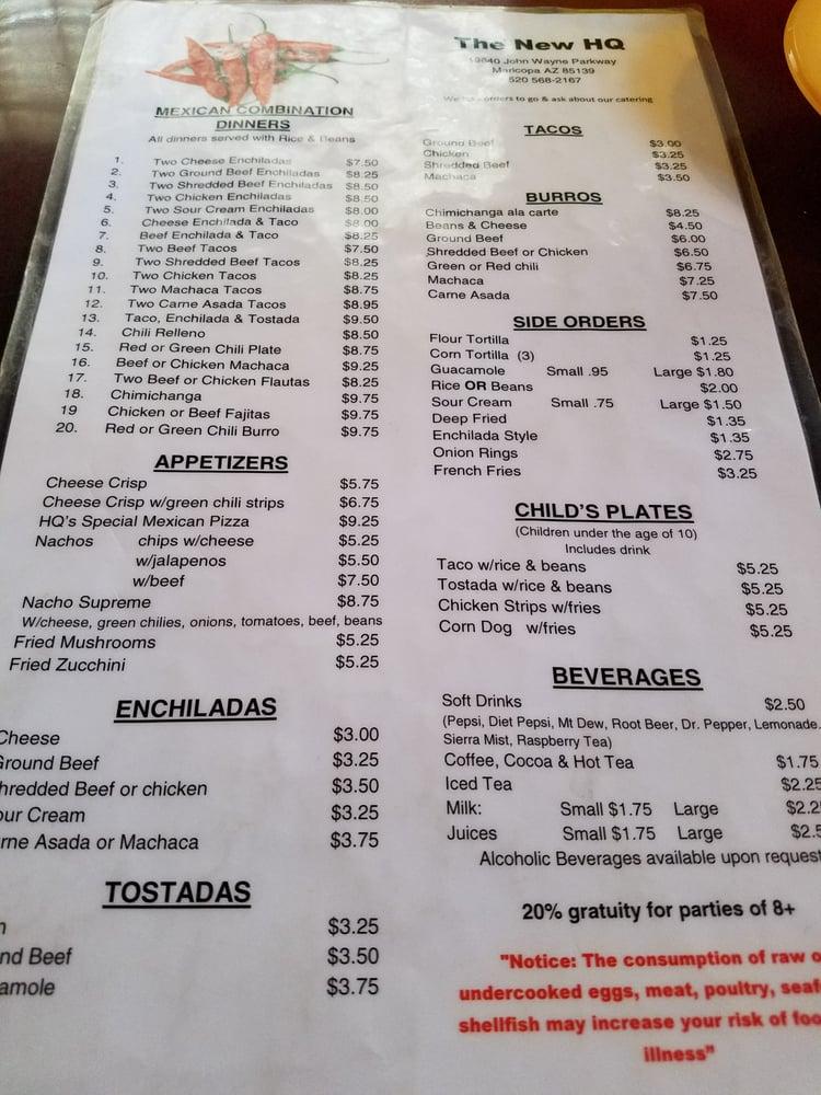 Menu at Headquarters Cafe, Maricopa, N Maricopa Rd