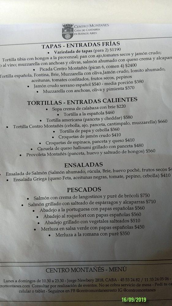 Carta de Montañeses Restaurante, Buenos Aires, Jorge Newbery 2818