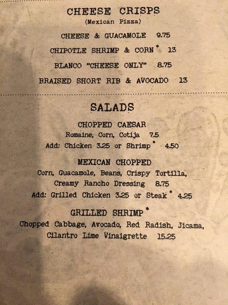 Menu at Blanco Tacos and Tequilas restaurant, Phoenix, E Sky Harbor Blvd