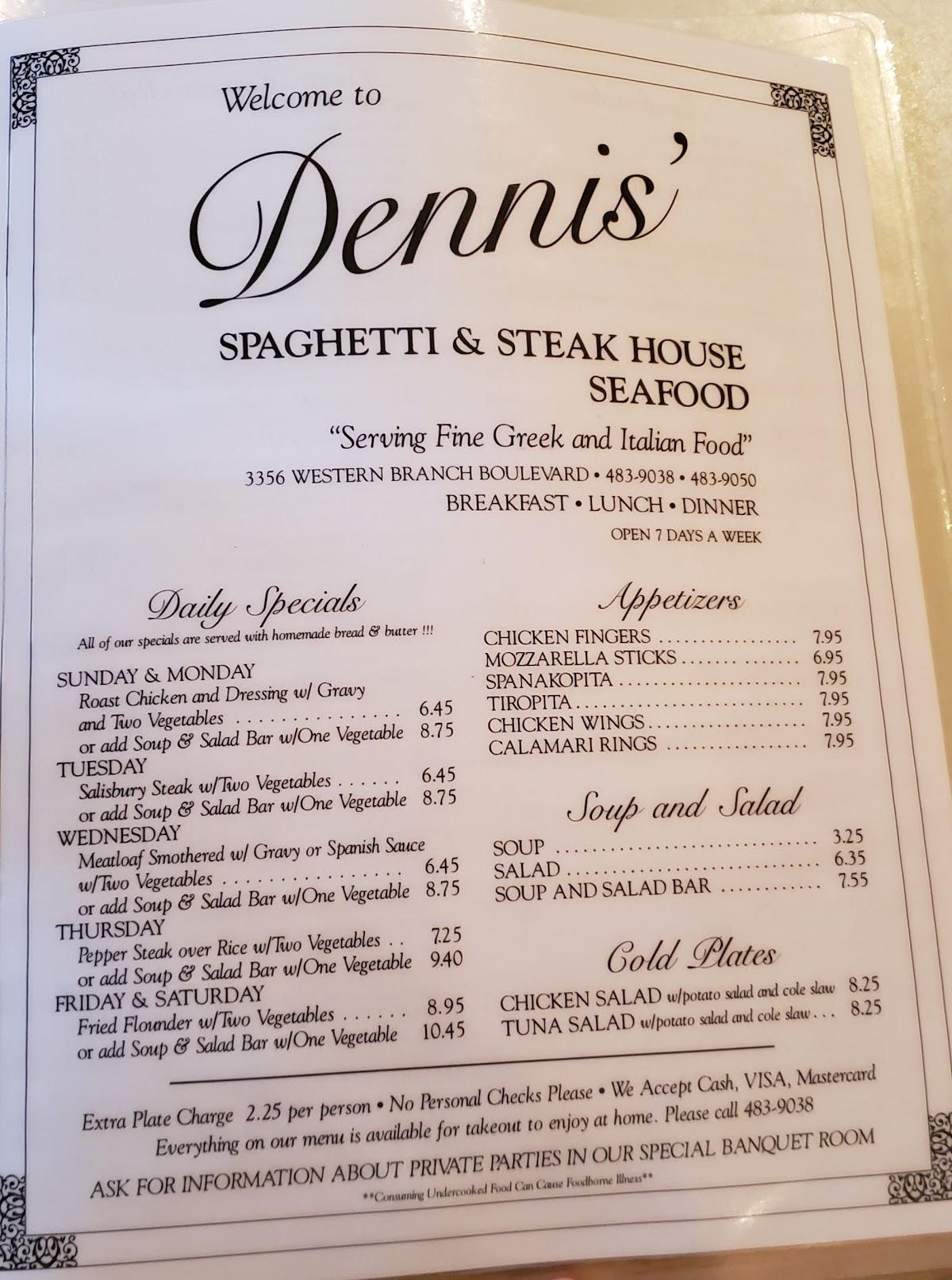 Menu at Dennis Spaghetti & Steak House steakhouse, Chesapeake