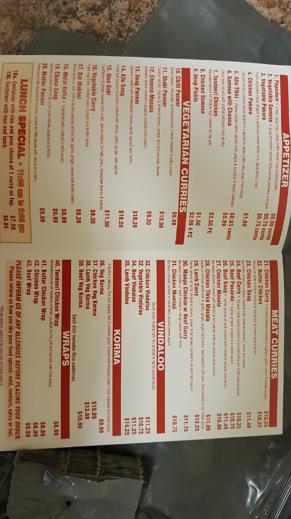 Menu at India Curry House restaurant, Belleville