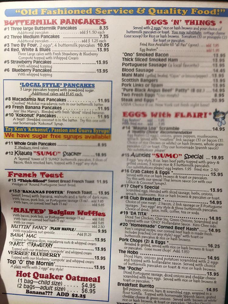 Menu at Ken's House of Pancakes restaurant, Hilo