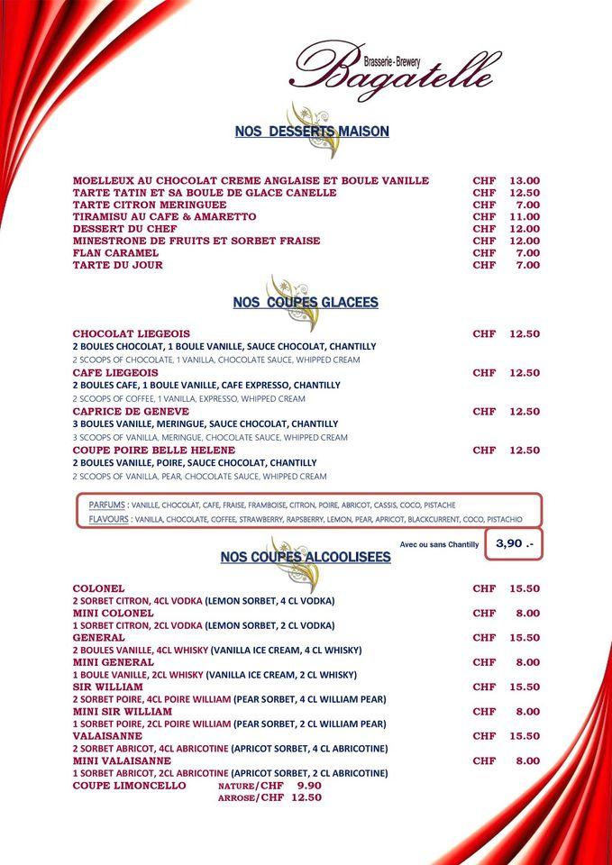 Menu da Brasserie Bagatelle, Ginevra
