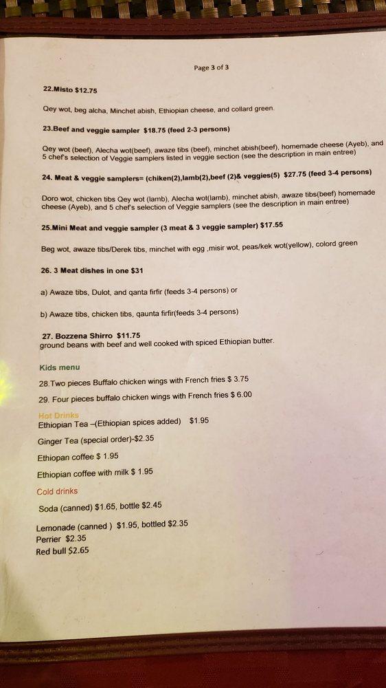 Carta de Mesob Ethiopian Restaurant, Minneapolis
