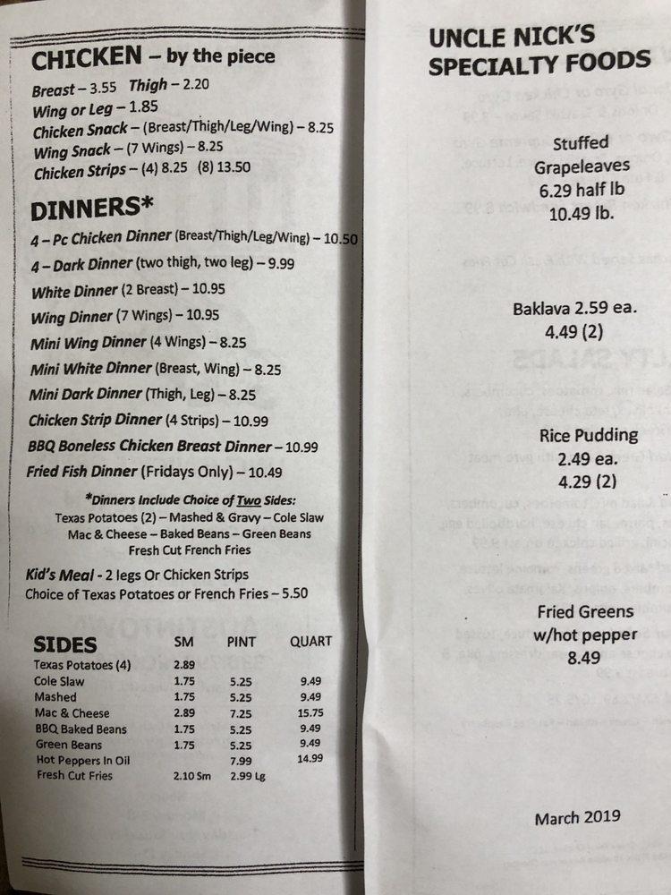 Menu at Uncle Nick's Greek Fried Chicken fast food, Youngstown, 136 N