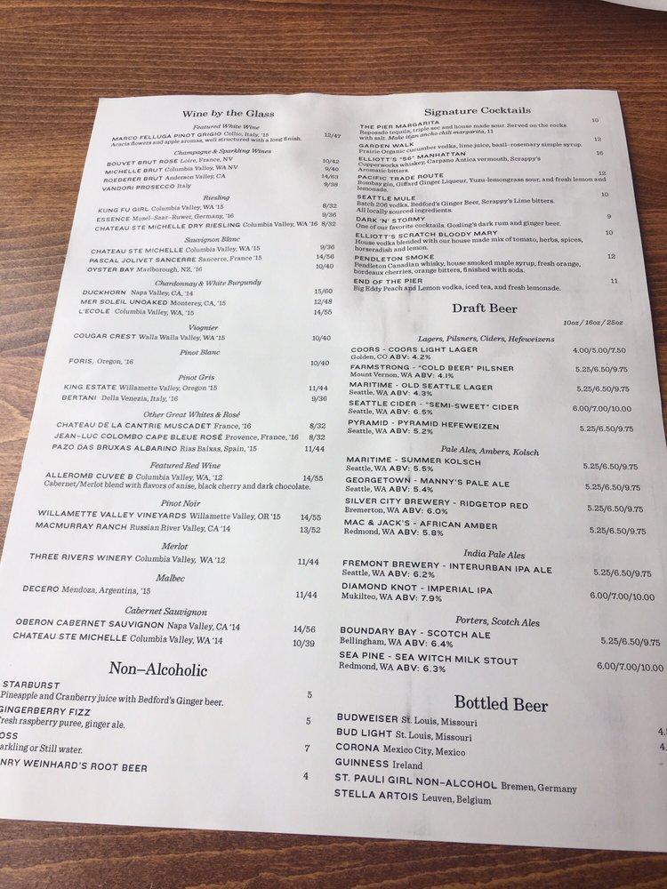Menu at Elliott's Oyster House restaurant, Seattle