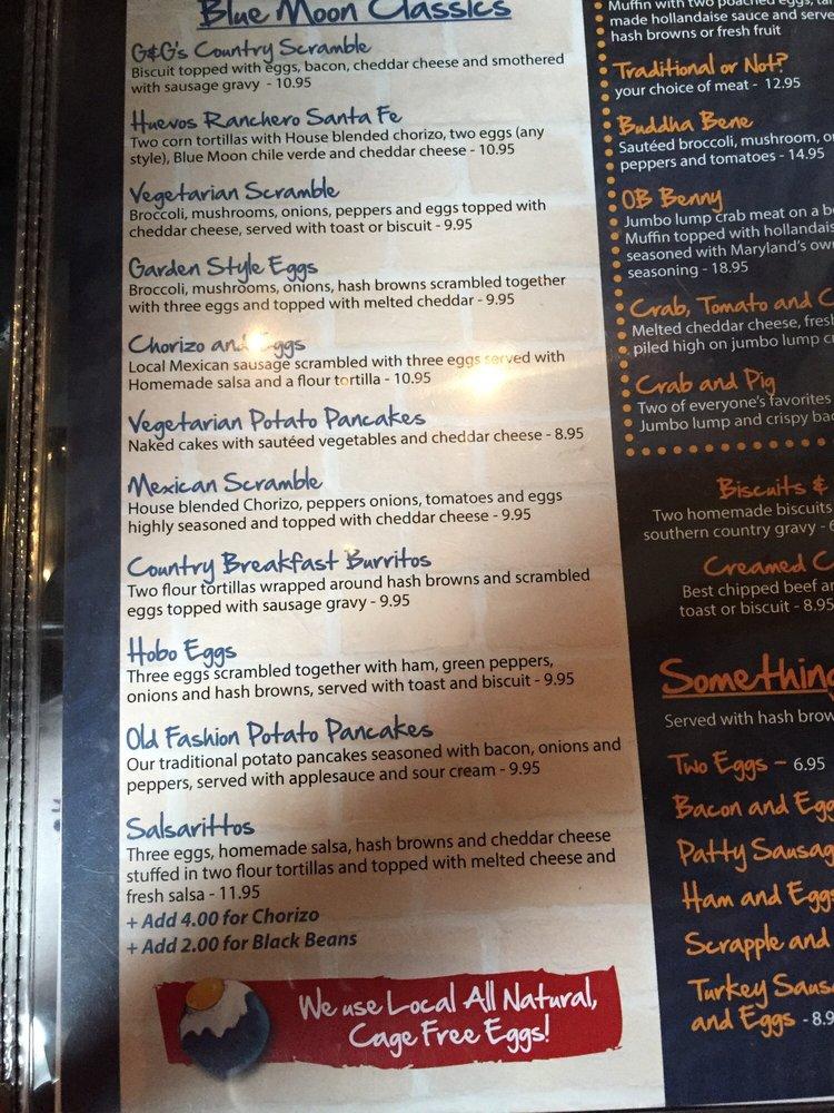 Menu at Blue Moon Cafe, Baltimore