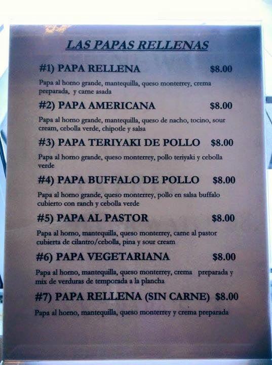 Menu at Las Papas Rellenas restaurant, San Luis