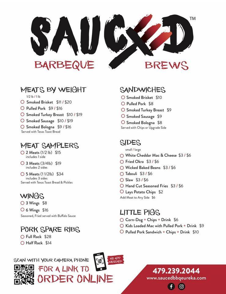 Menu at SAUCED Barbeque & Brews, Eureka Springs