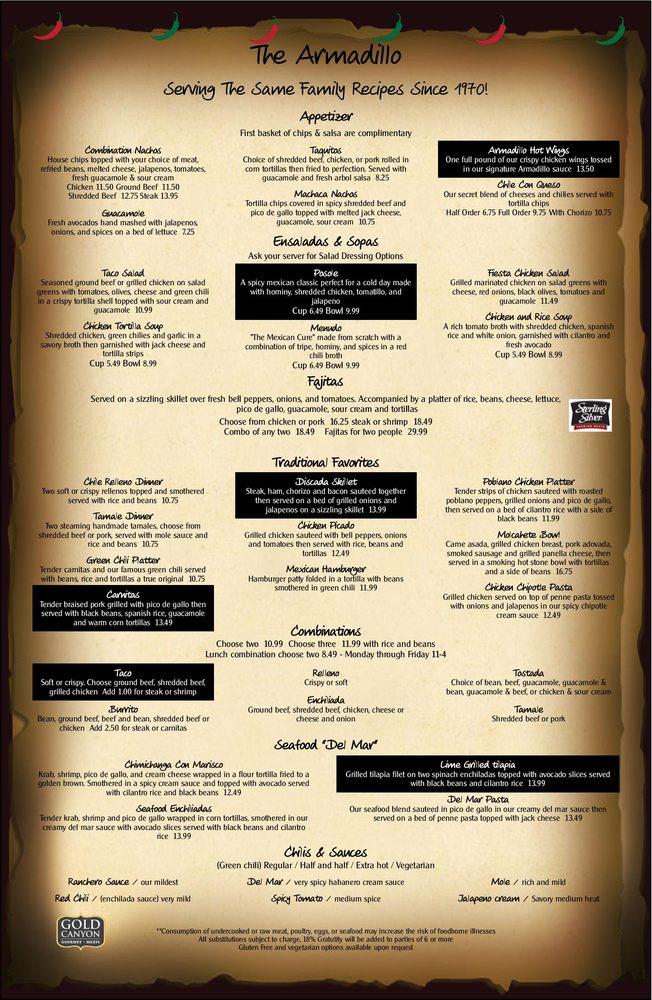 Menu at Armadillo restaurant, Aurora, E Mississippi Ave
