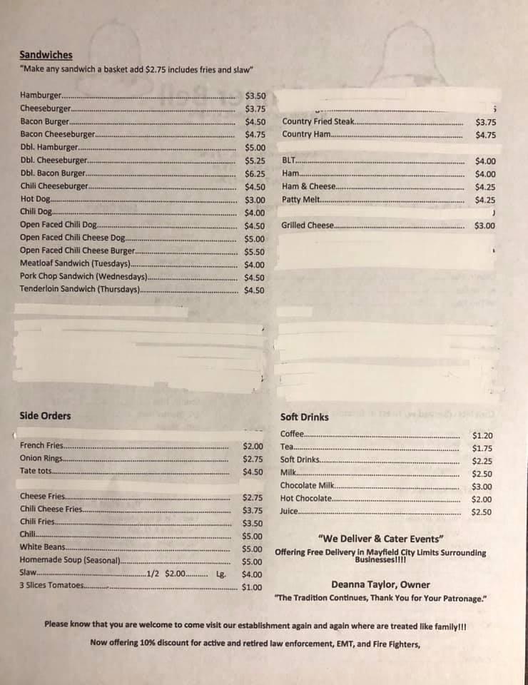 Menu at Dinner Bell restaurant, Mayfield, State Route 45 N