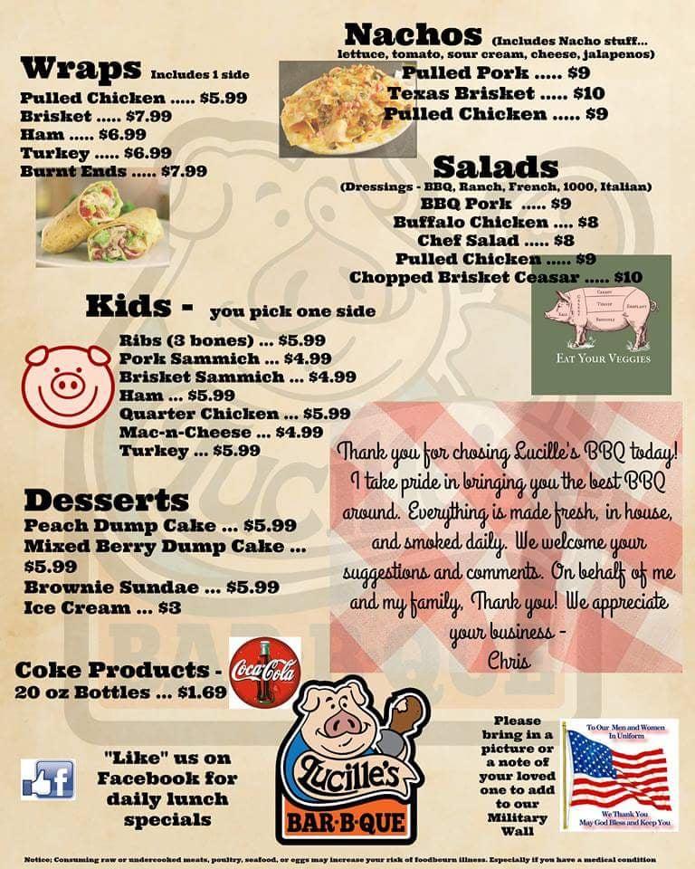 Menu at Lucille's BBQ, Fort Wayne